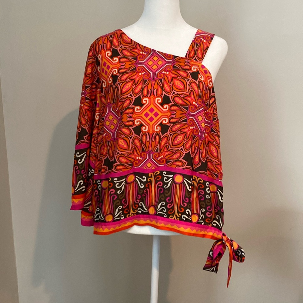 Chicos Size 1 Off-The-Shoulder Blouse, Multi-color Hot Pink and Orange